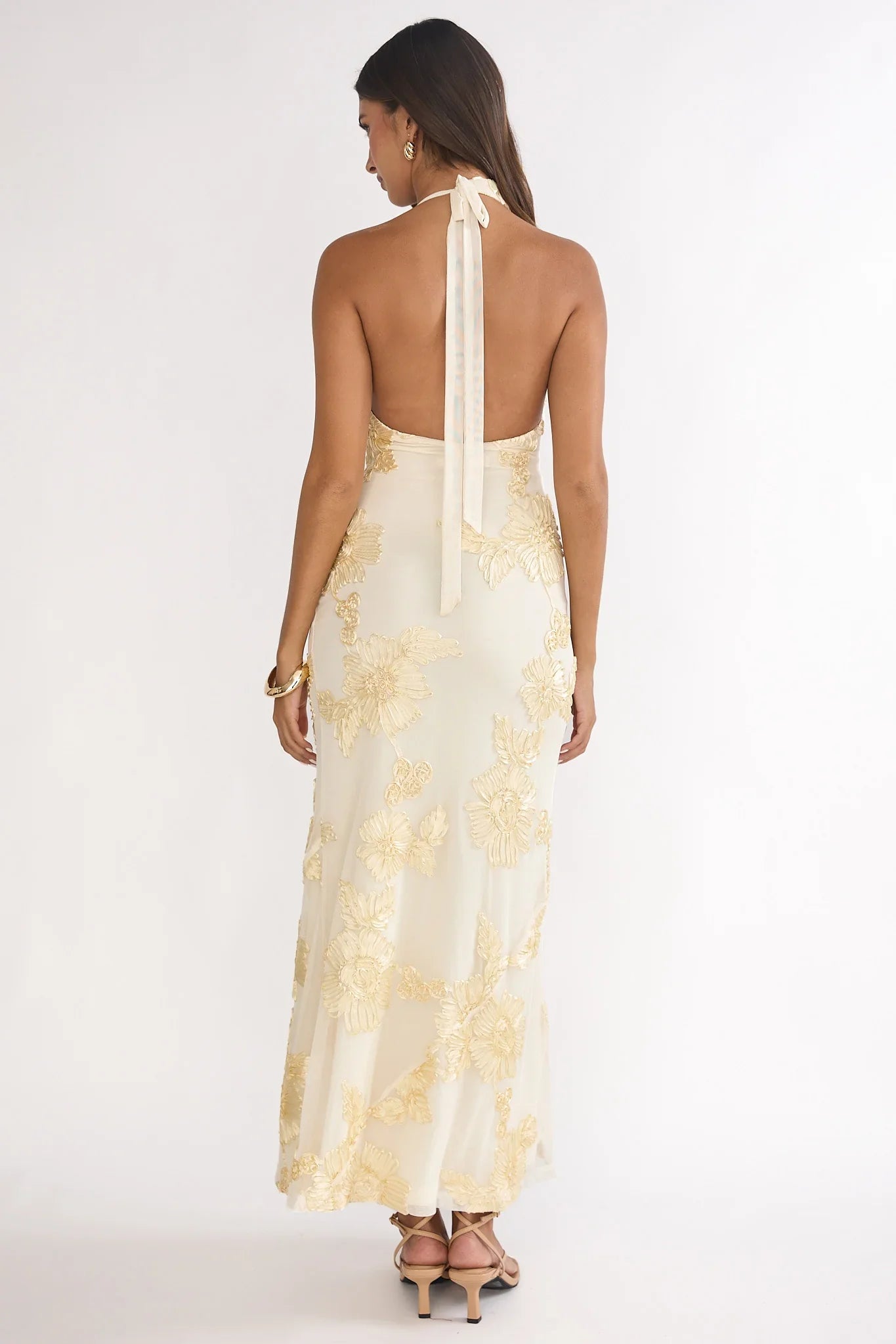 Kirralee Asymmetric Halterneck Embellished Maxi Dress Yellow