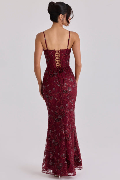 wine hand beaded embellished corset maxi dress - limited edition