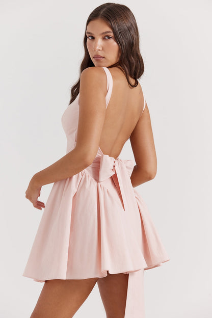 soft peach bow mini dress