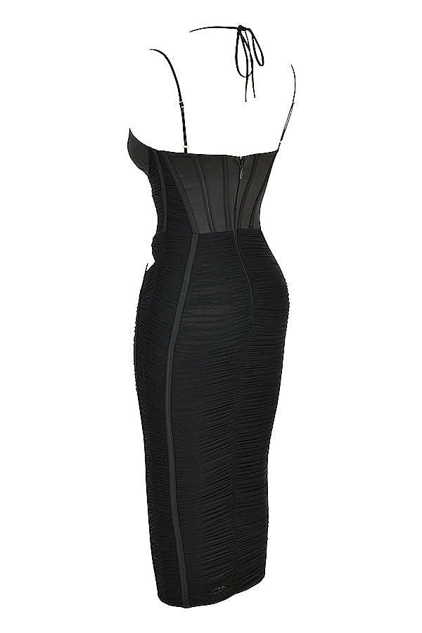 black ruched midi dress