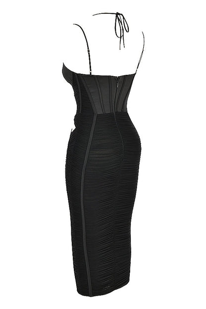 black ruched midi dress