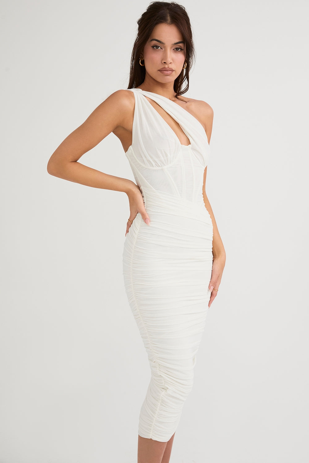 ivory asymmetric cutout midi dress