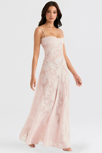 soft pink floral lace back maxi dress