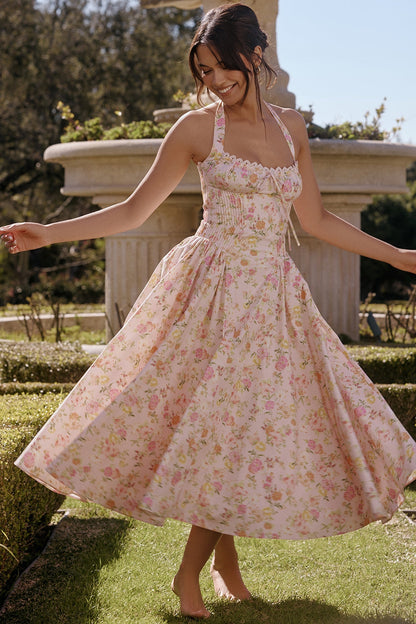 pink meadow print cotton halter midi sundress