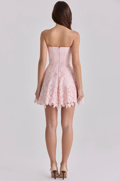 pink strapless cut out broderie anglaise mini dress