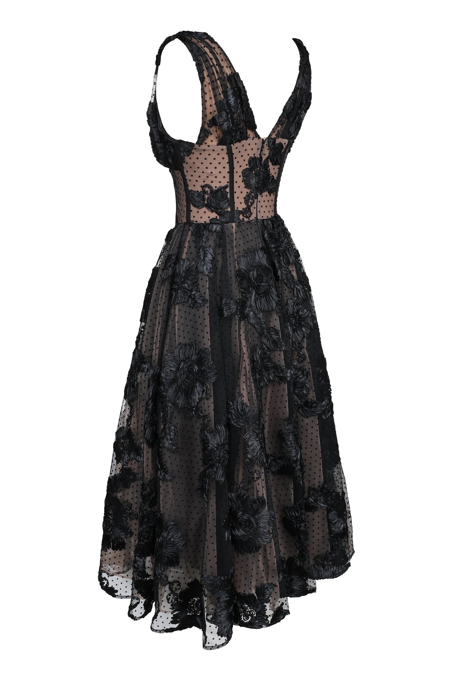 black embroidered tulle corset midi dress