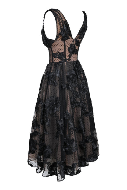 black embroidered tulle corset midi dress