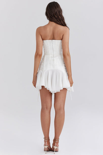 white strapless lace up mini dress