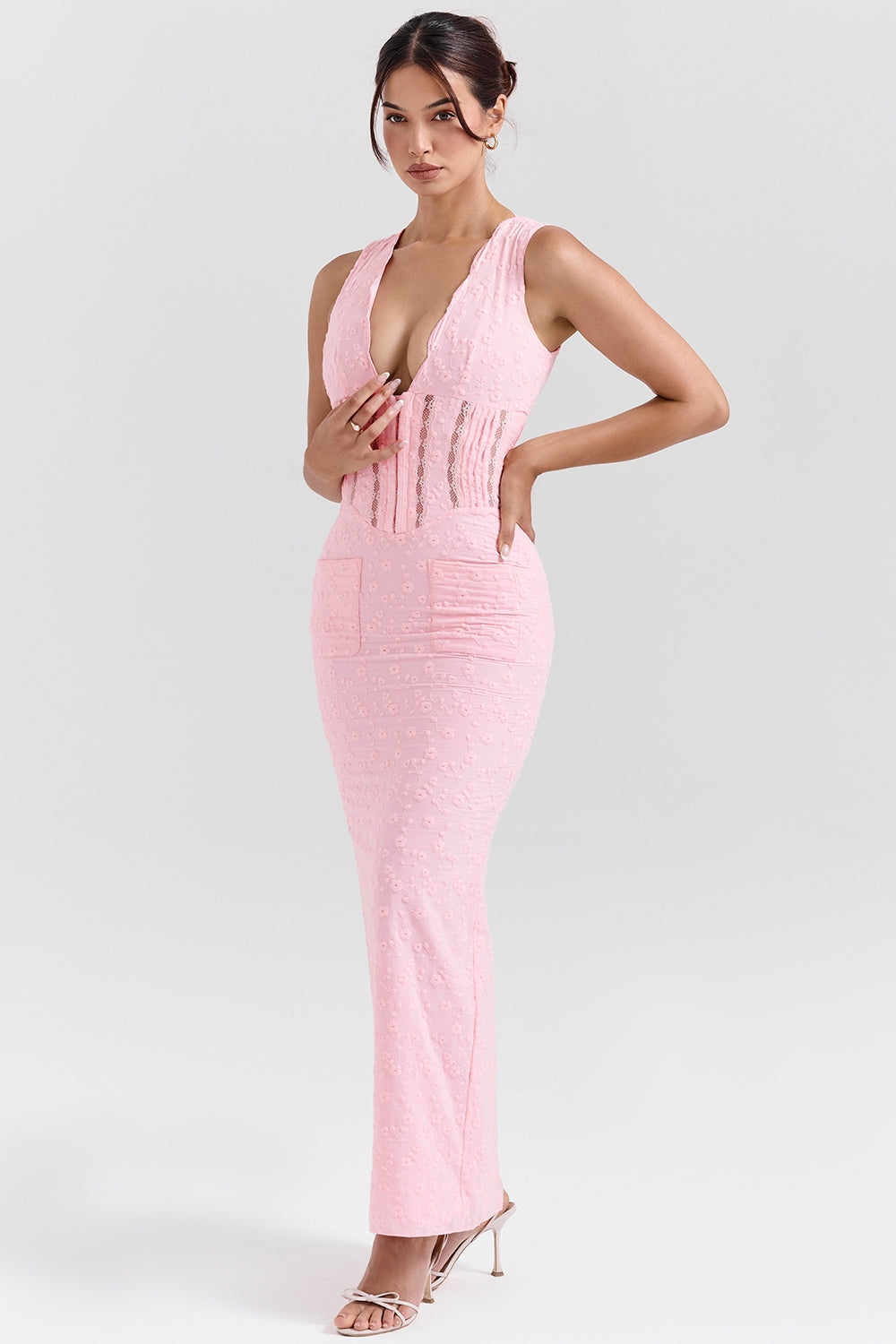 perfectly pink broderie anglais plunge maxi dress