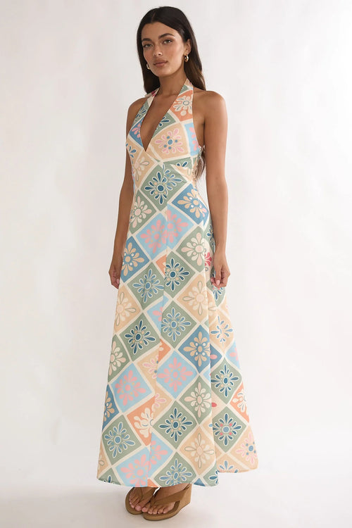 Nolara A-Line Halterneck Maxi Dress Green Multi
