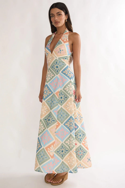 Nolara A-Line Halterneck Maxi Dress Green Multi
