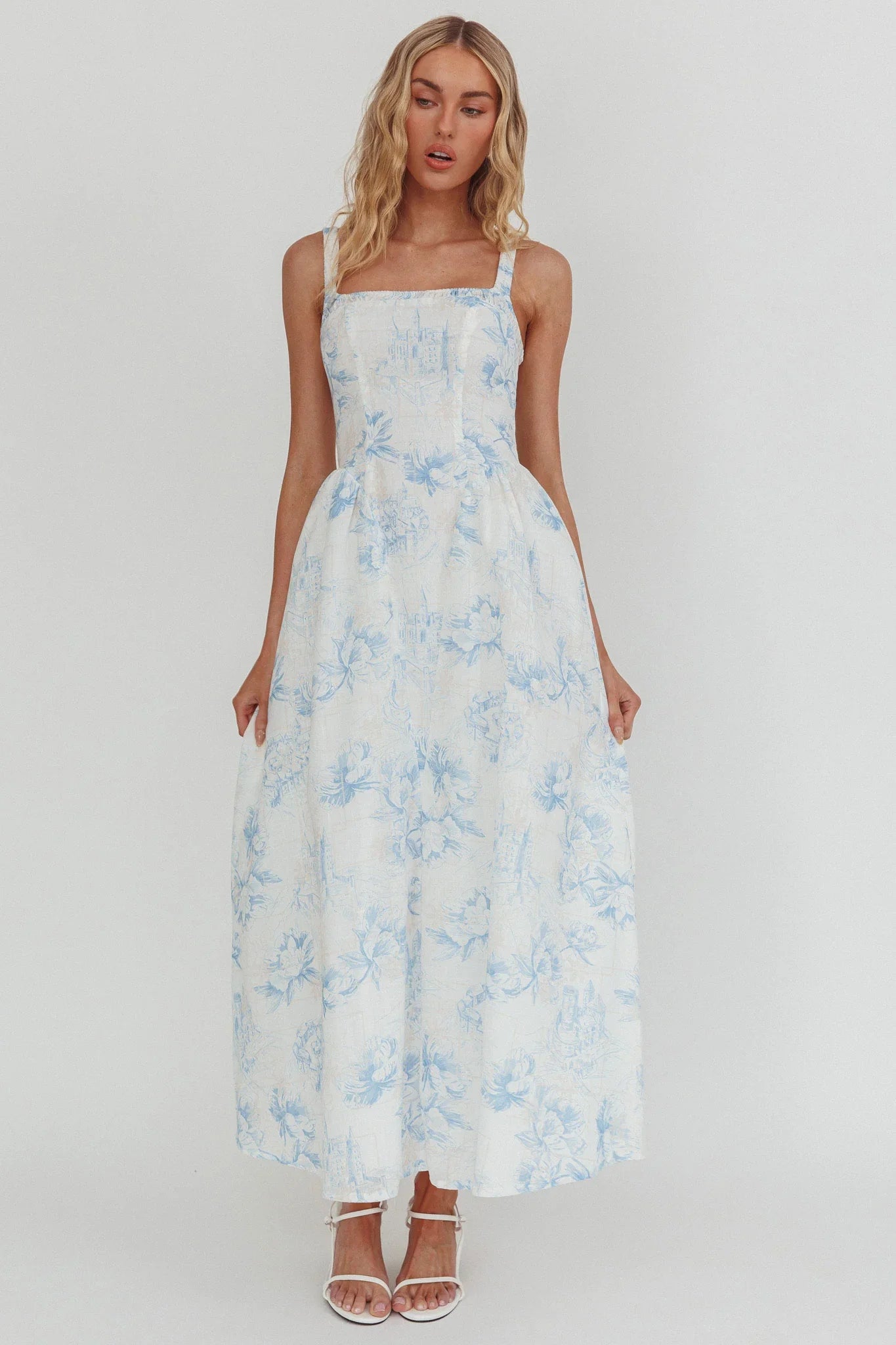 El Corazon Smocked Neckline Maxi Dress Print Blue