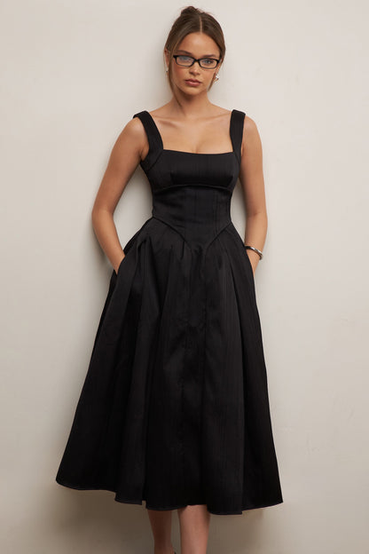 black textured satin corset midi dress