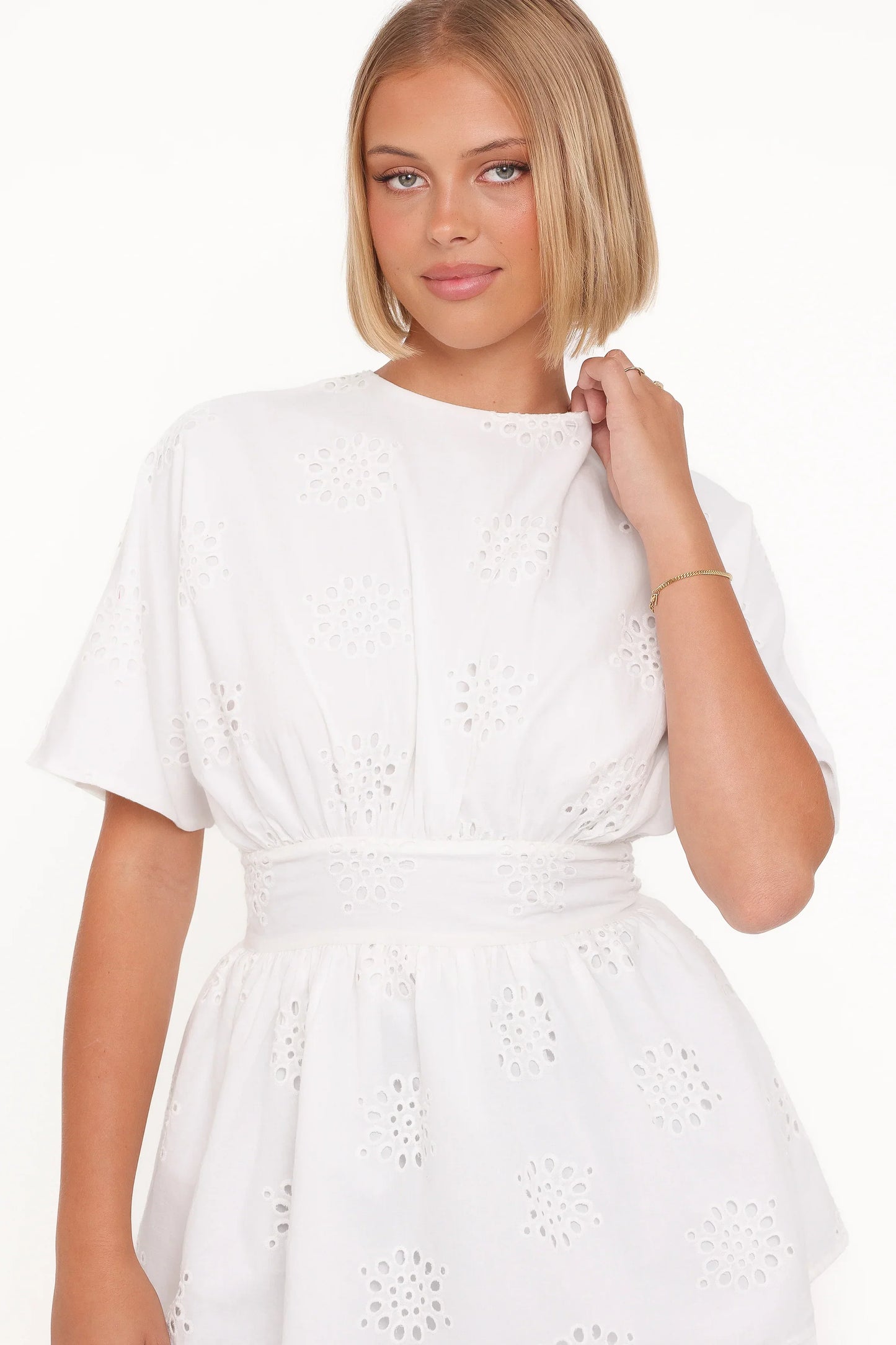 Carmel Tie Back Tunic Top - White Embroidery