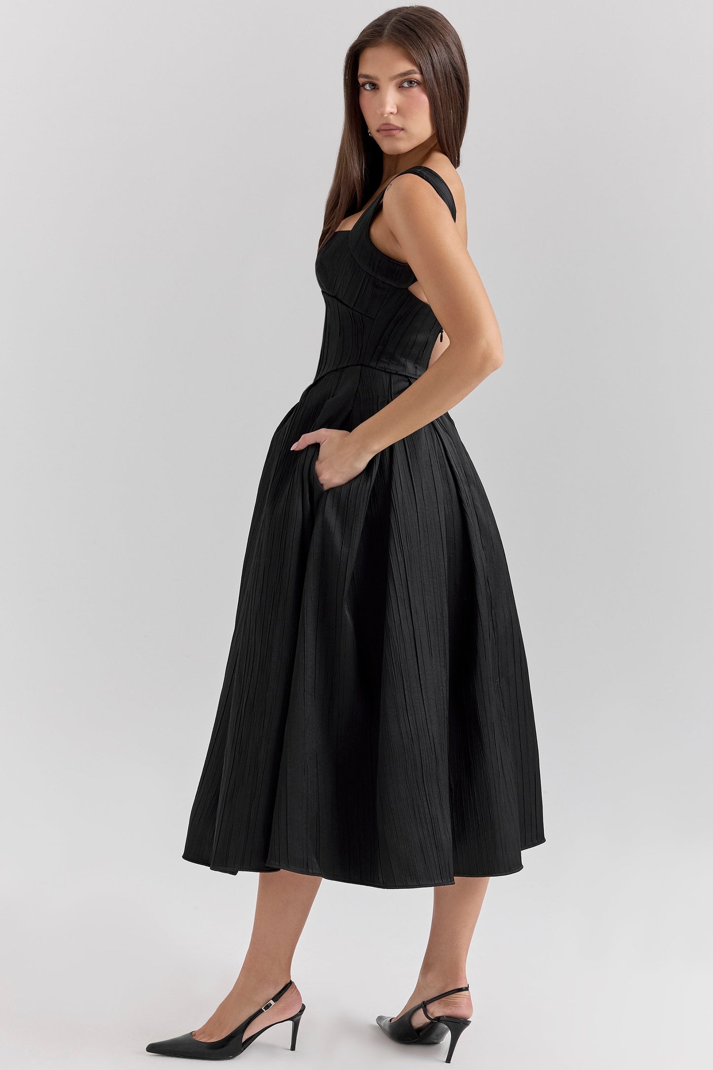 black textured satin corset midi dress