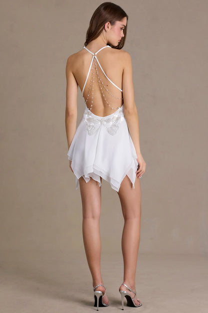 Chiffon Plunge-Neck Open-Back Mini Dress in White