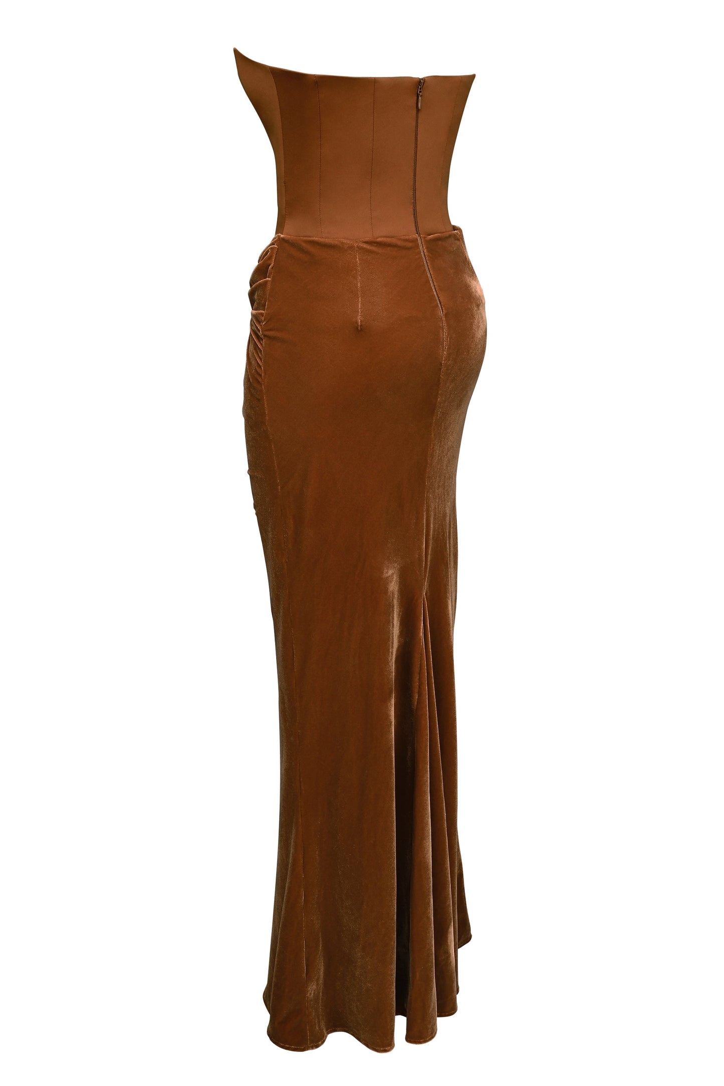 coffee velvet strapless corset maxi dress
