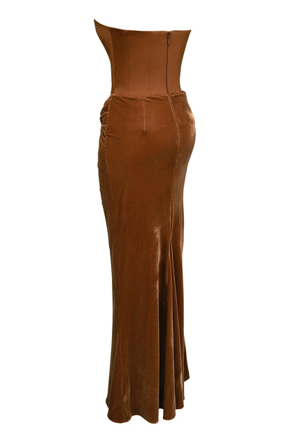 coffee velvet strapless corset maxi dress