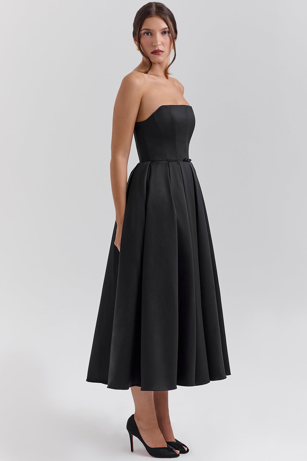 black strapless satin corset midi dress - sale
