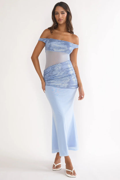Bellora Off-Shoulder Sequin Trim Maxi Dress Blue