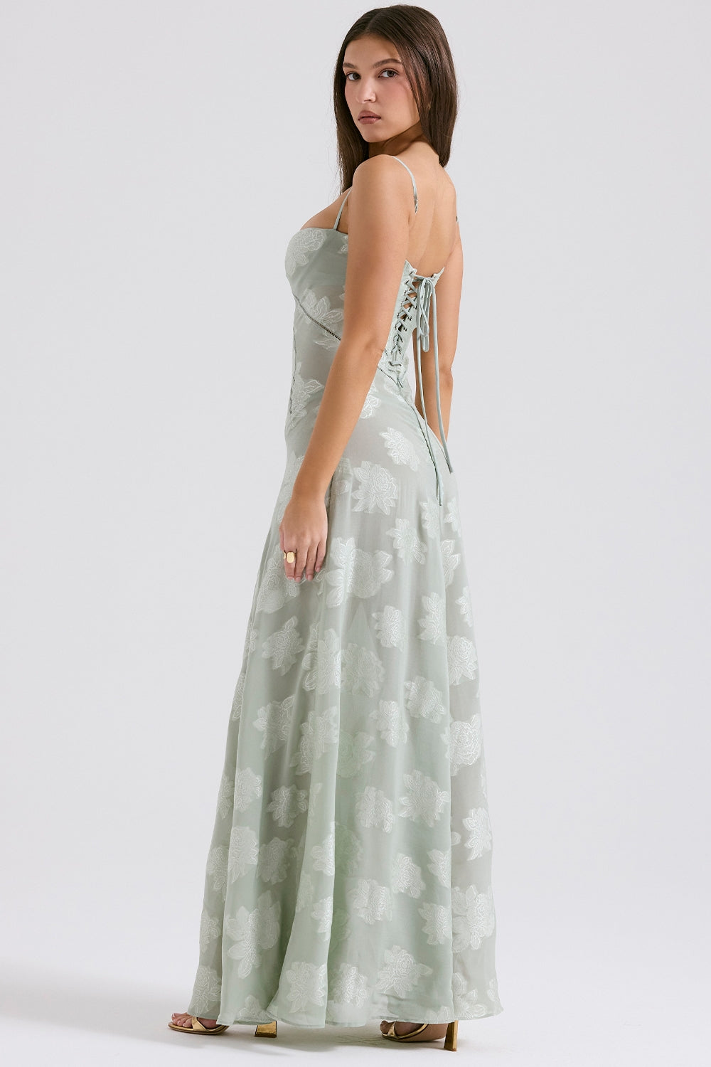 pistachio floral lace back maxi dress