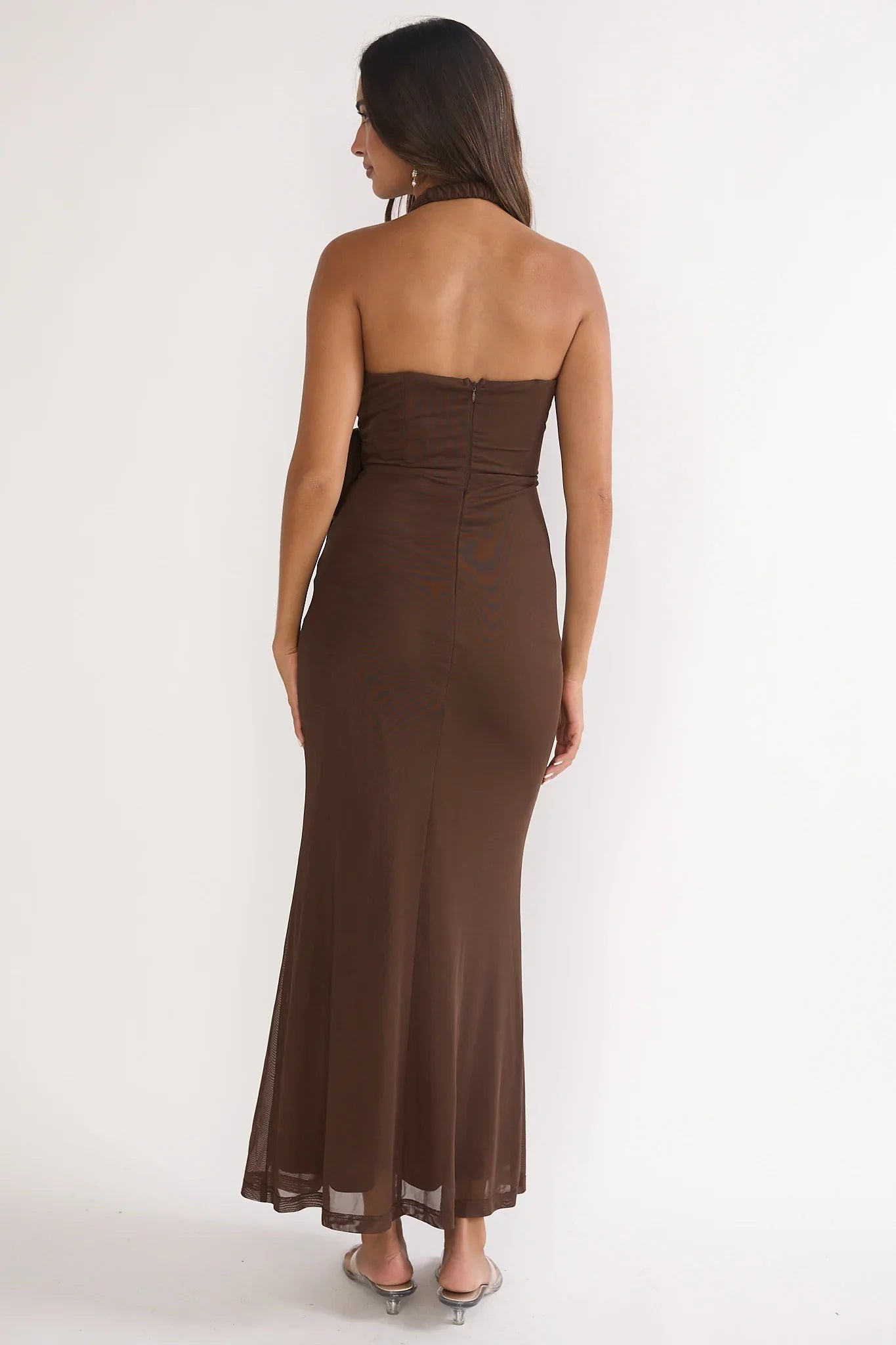 Halo Moon Wrap Front Halter Maxi Dress Chocolate