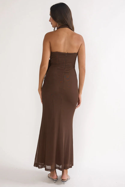Halo Moon Wrap Front Halter Maxi Dress Chocolate