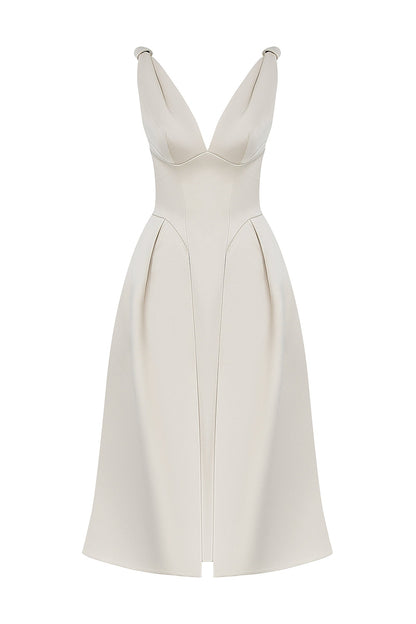 vintage cream satin pleated midi dress - sale