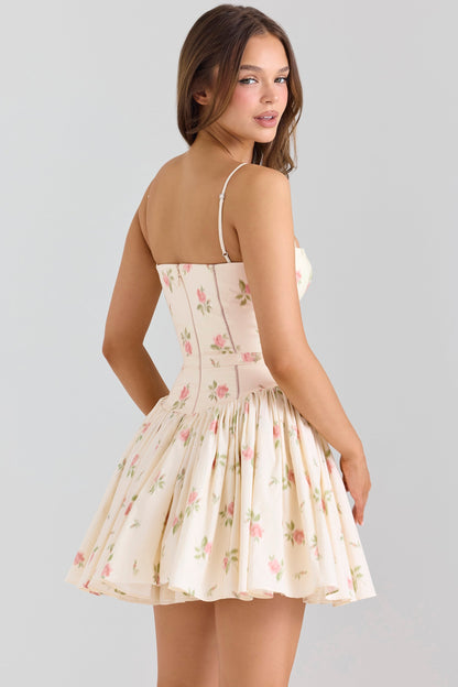 cream rose print stretch cotton mini sundress