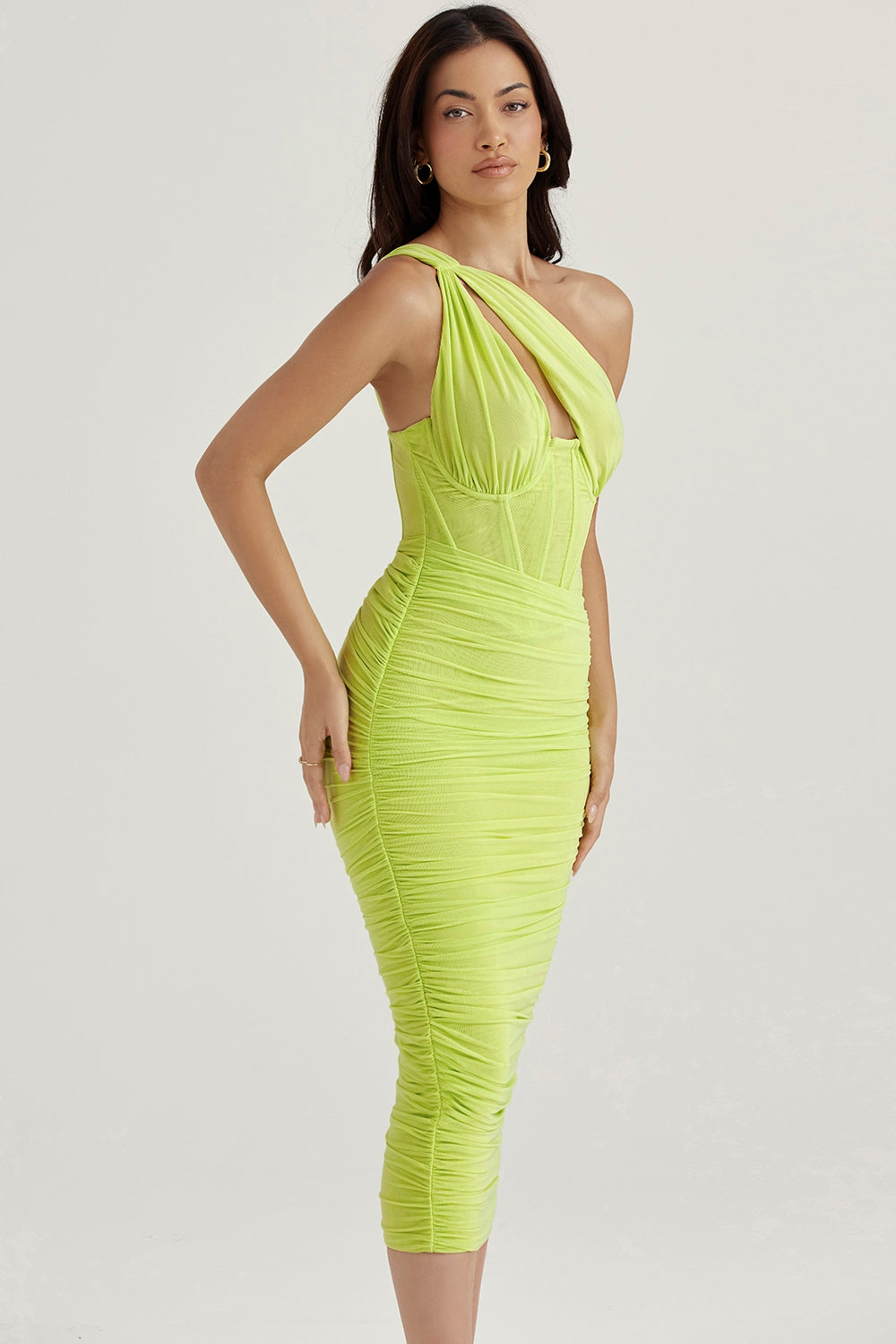 lime asymmetric cutout midi dress