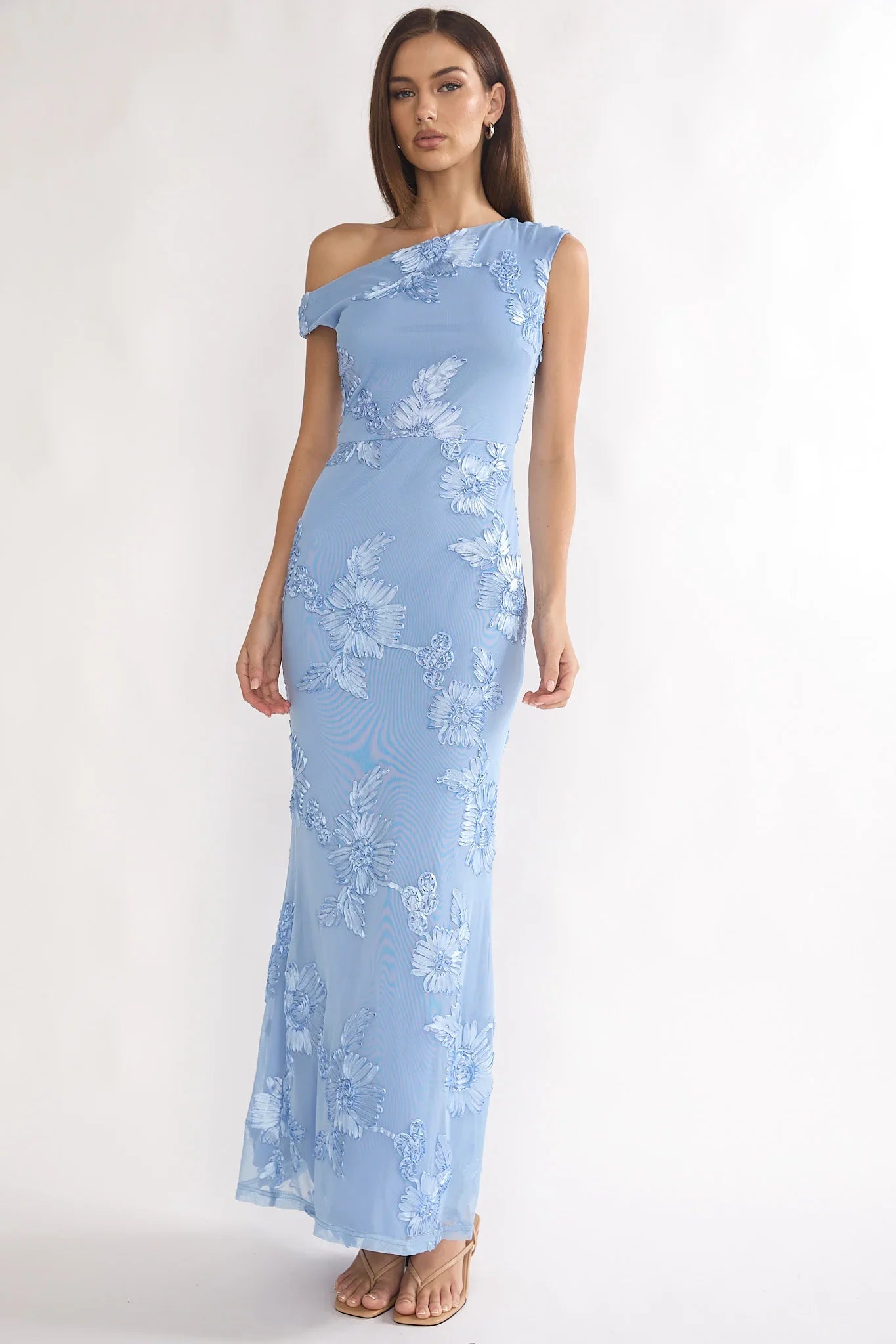 Moonlit Magic Asymmetric Neckline Embellished Maxi Dress Blue