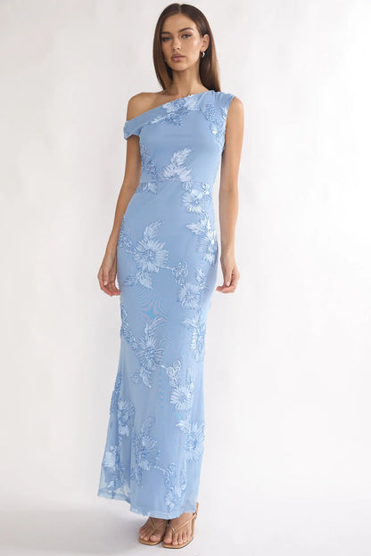 Moonlit Magic Asymmetric Neckline Embellished Maxi Dress Blue