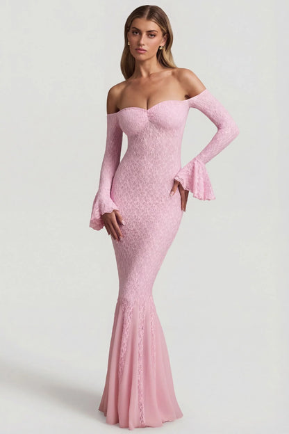 Off-Shoulder Ruffle Lace Maxi Dress in Soft Pink