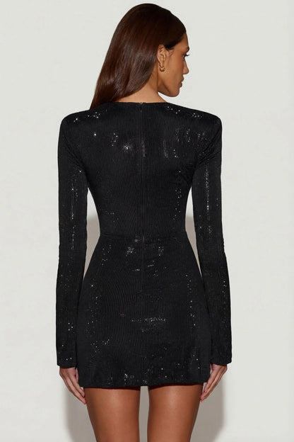 Embellished Asymmetric Bodycon Mini Dress in Black