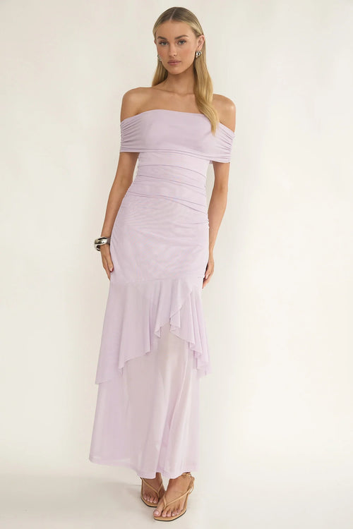 Kiarna Off-Shoulder Mesh Maxi Dress Lilac