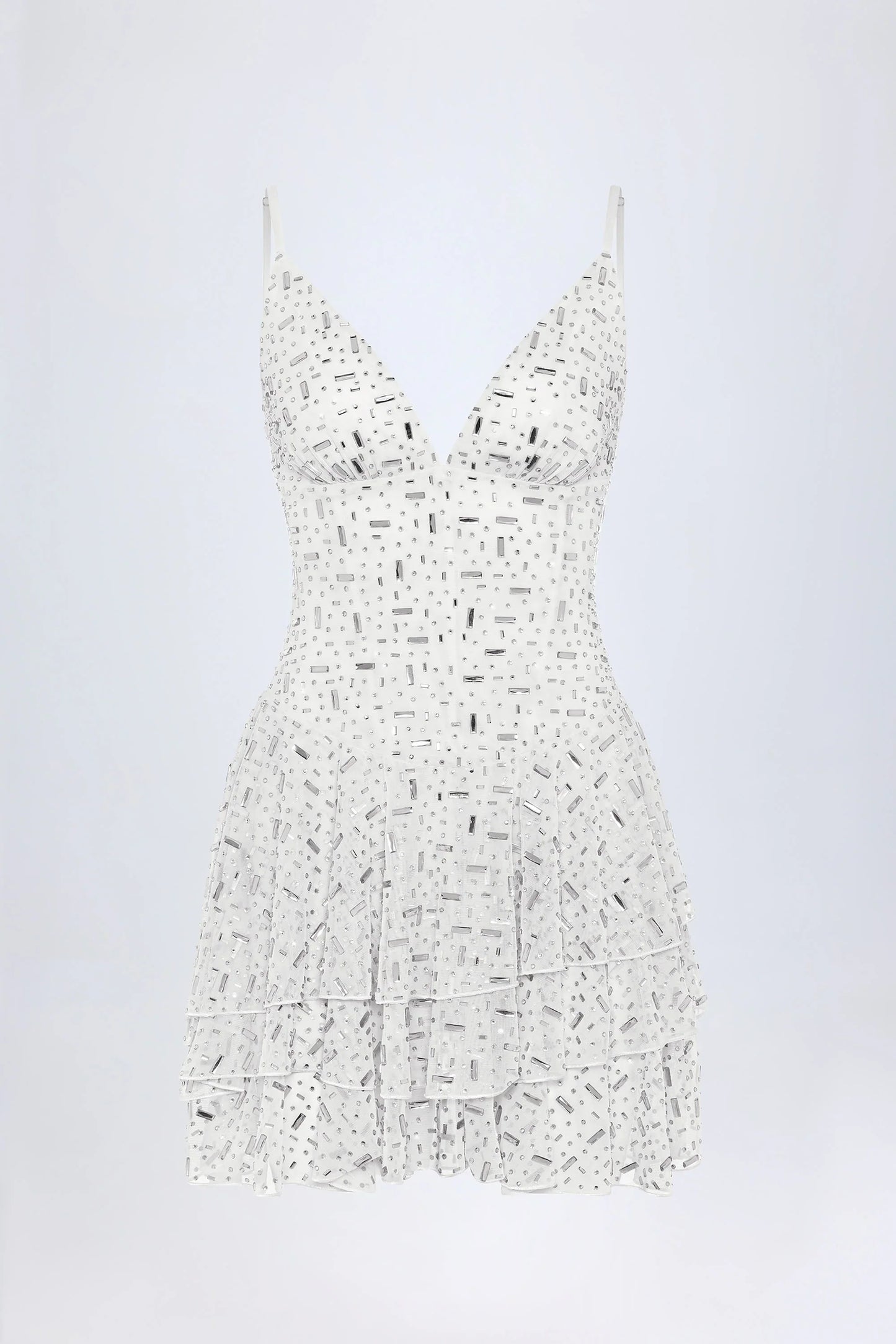 Embellished Ruffled Tiered Mini Dress in White