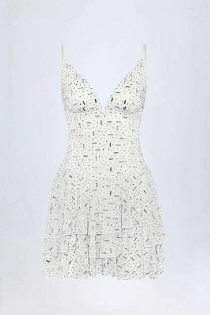 Embellished Ruffled Tiered Mini Dress in White