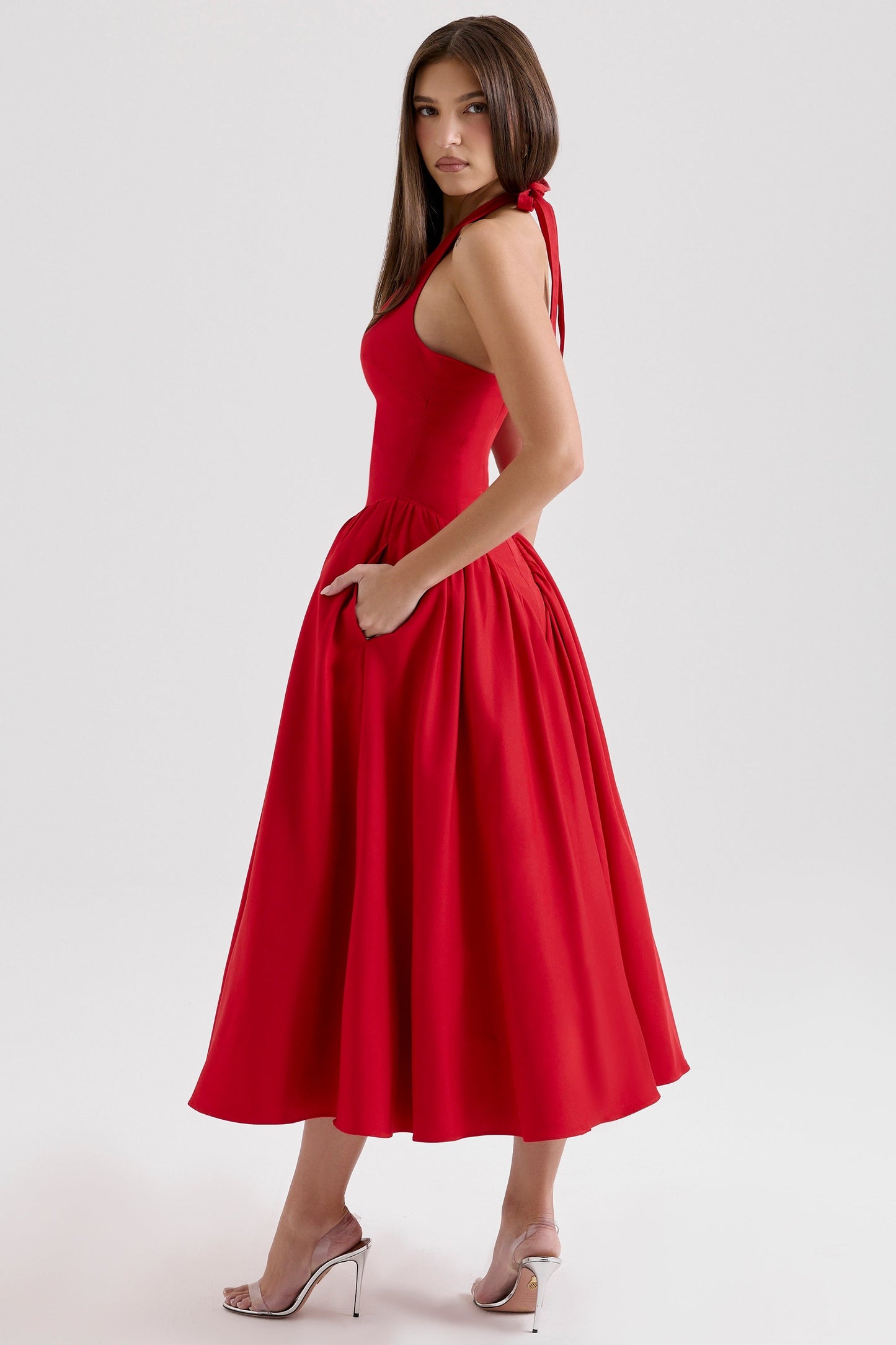 red twill halter midi dress