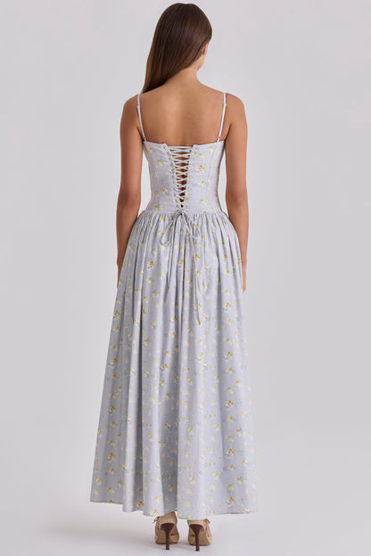 blue wildflower print cotton lace up maxi dress