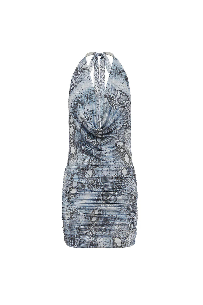 LOTUS HALTER COWL MINI DRESS - STEEL VIPER