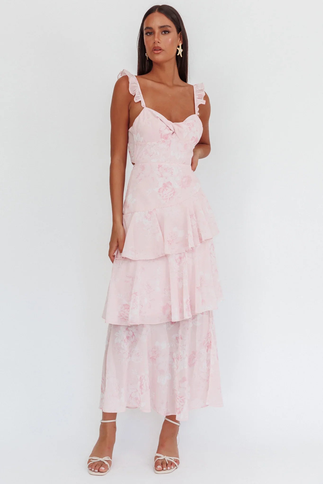 Veda Ruffle Strap Split Maxi Dress Roses Blush