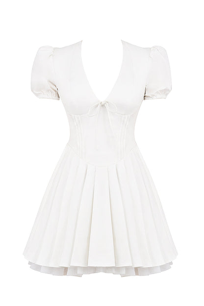 white pleated cotton mini dress
