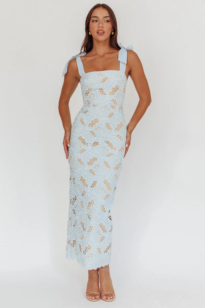 Coastal Bloom Tied Shoulder Maxi Dress Embroidered Baby Blue