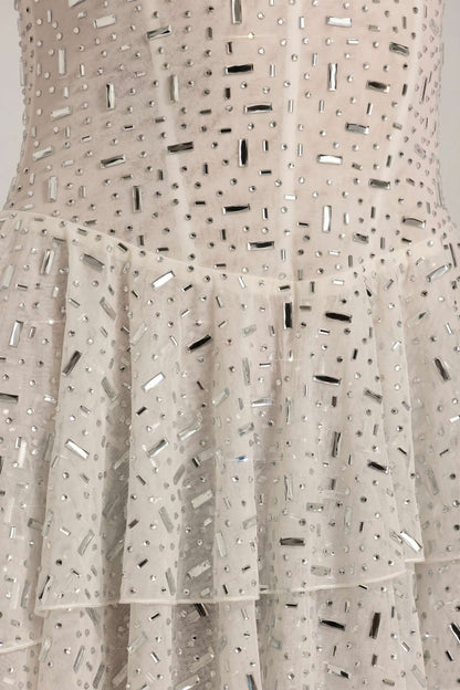 Embellished Ruffled Tiered Mini Dress in White