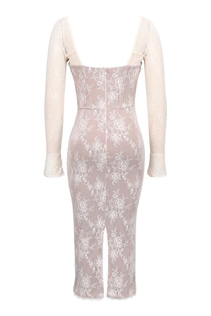 ivory lace long sleeve midi dress