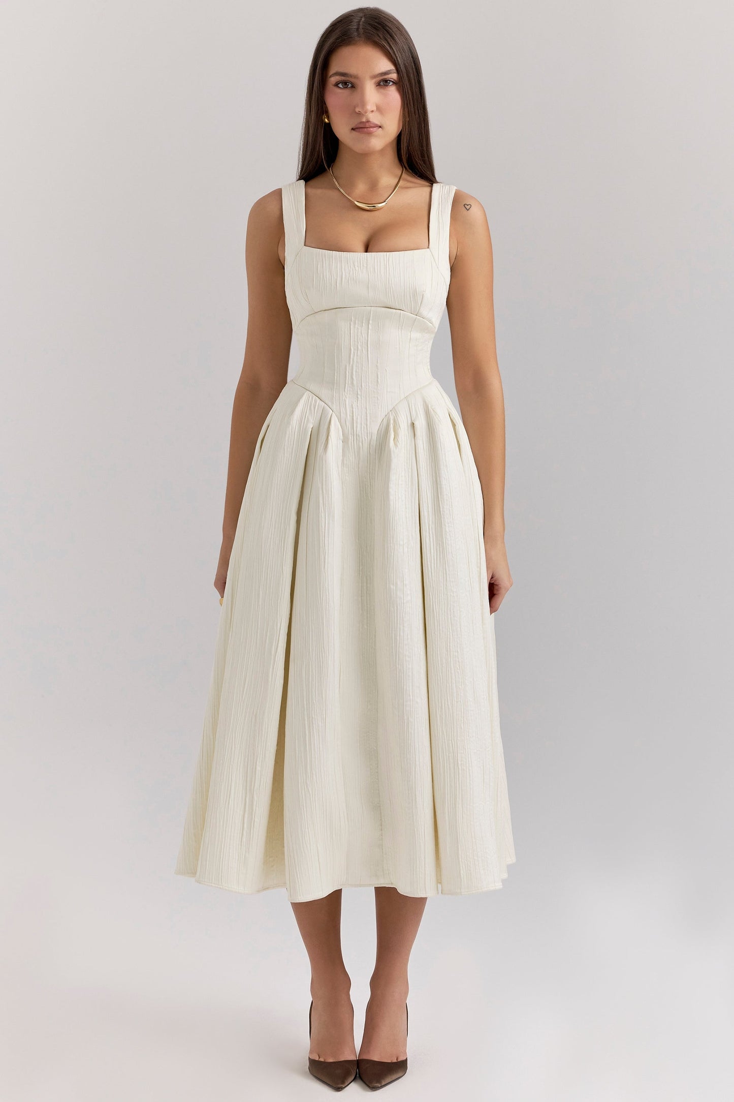 ivory textured satin corset midi dress