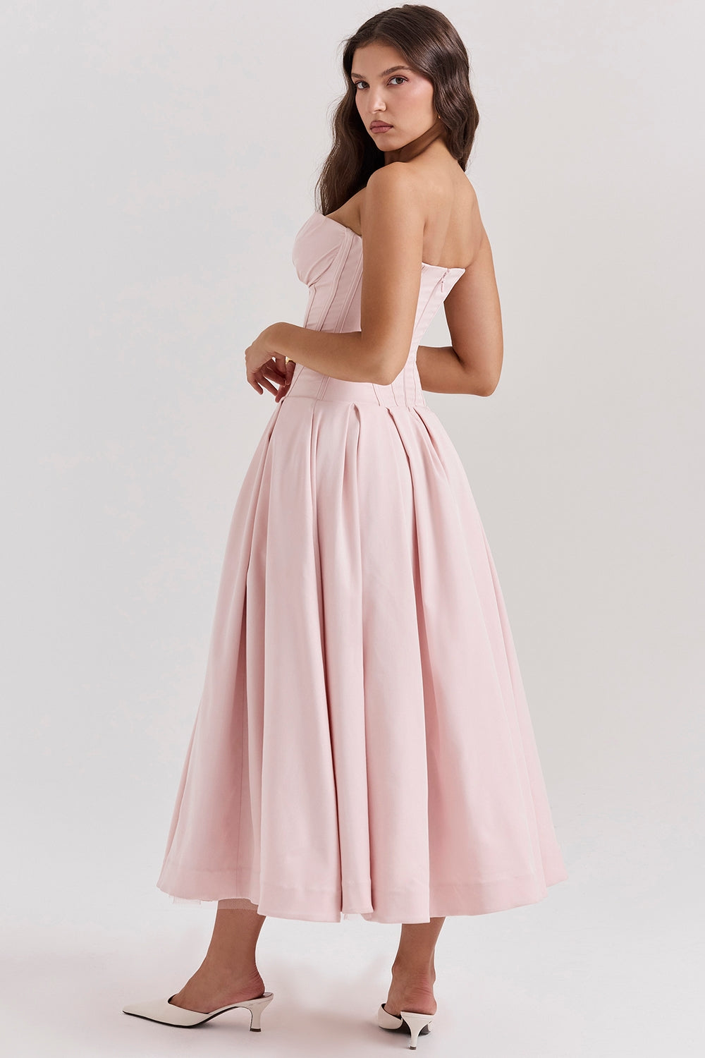 ballerina pink strapless midi dress