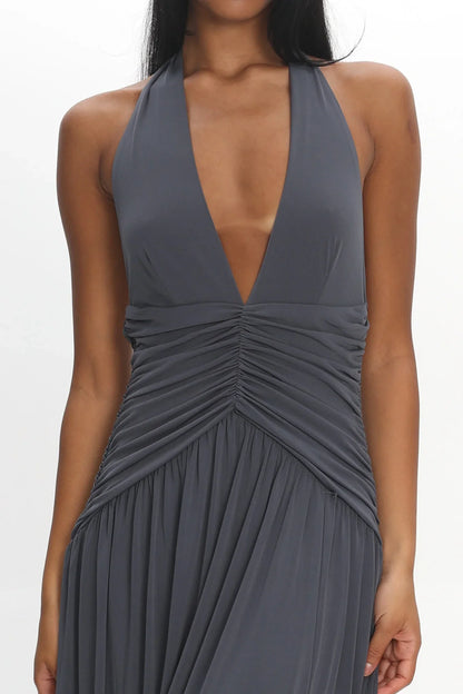 Italia Azure Gathered Waist Maxi Dress Charcoal