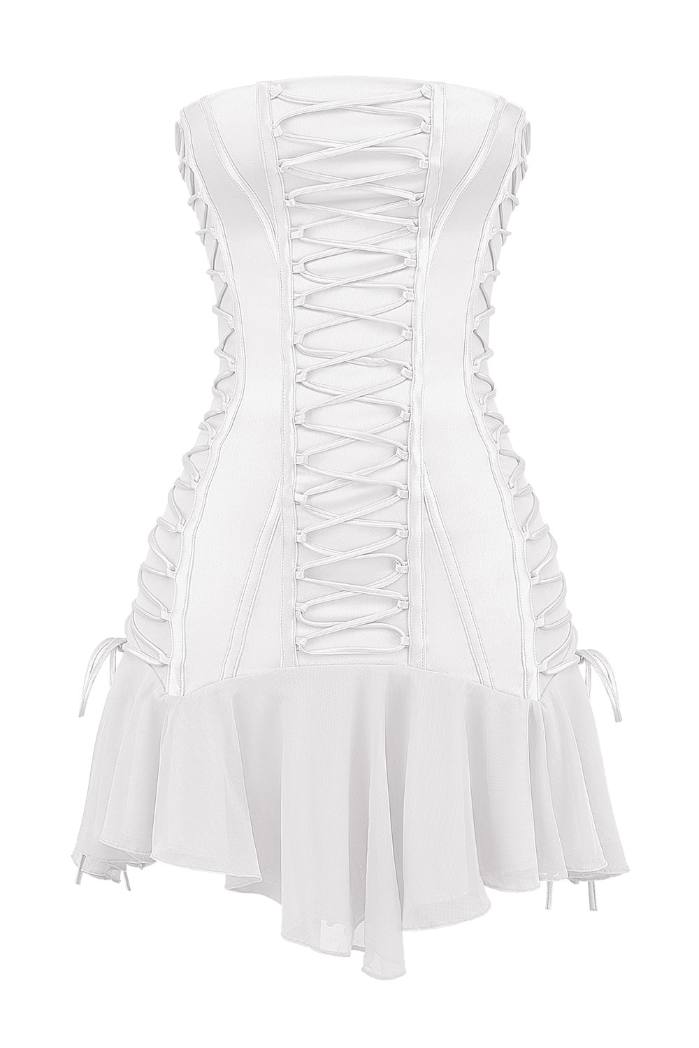 white strapless lace up mini dress