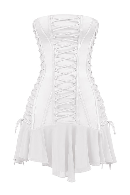 white strapless lace up mini dress